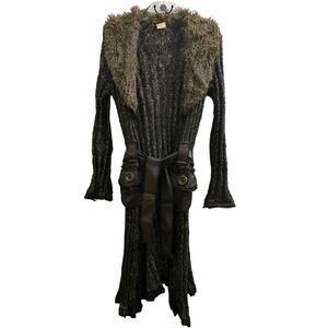 Grifflin Paris Knit Mohair Duster Sweater Coat Long Jacket w Faux Fur Collar !